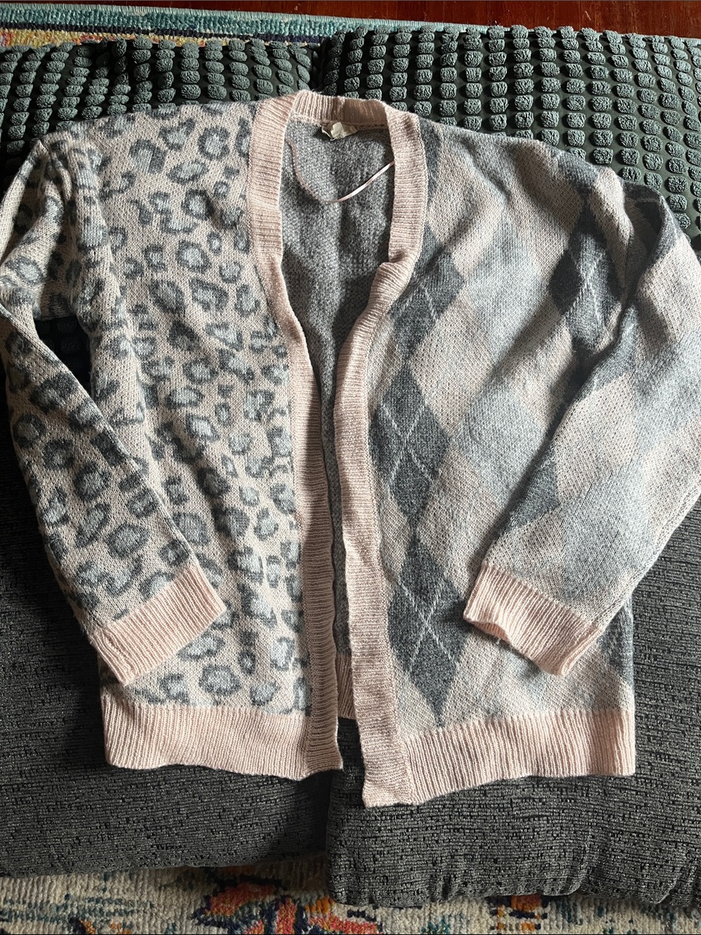Hem & Thread Pink and Gray Mixed-Pattern Open Cardigan
